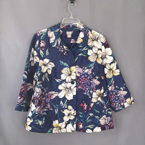 Chicos Jacket Womens 2 Large Navy Floral Blazer Button Front Pock Career